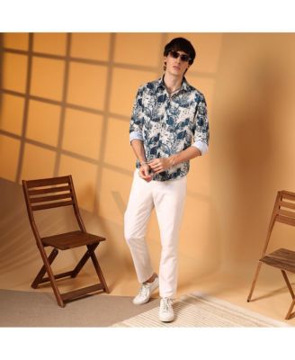 Men's Ivory White & Indigo Blue Foliage-Waffle Shirt