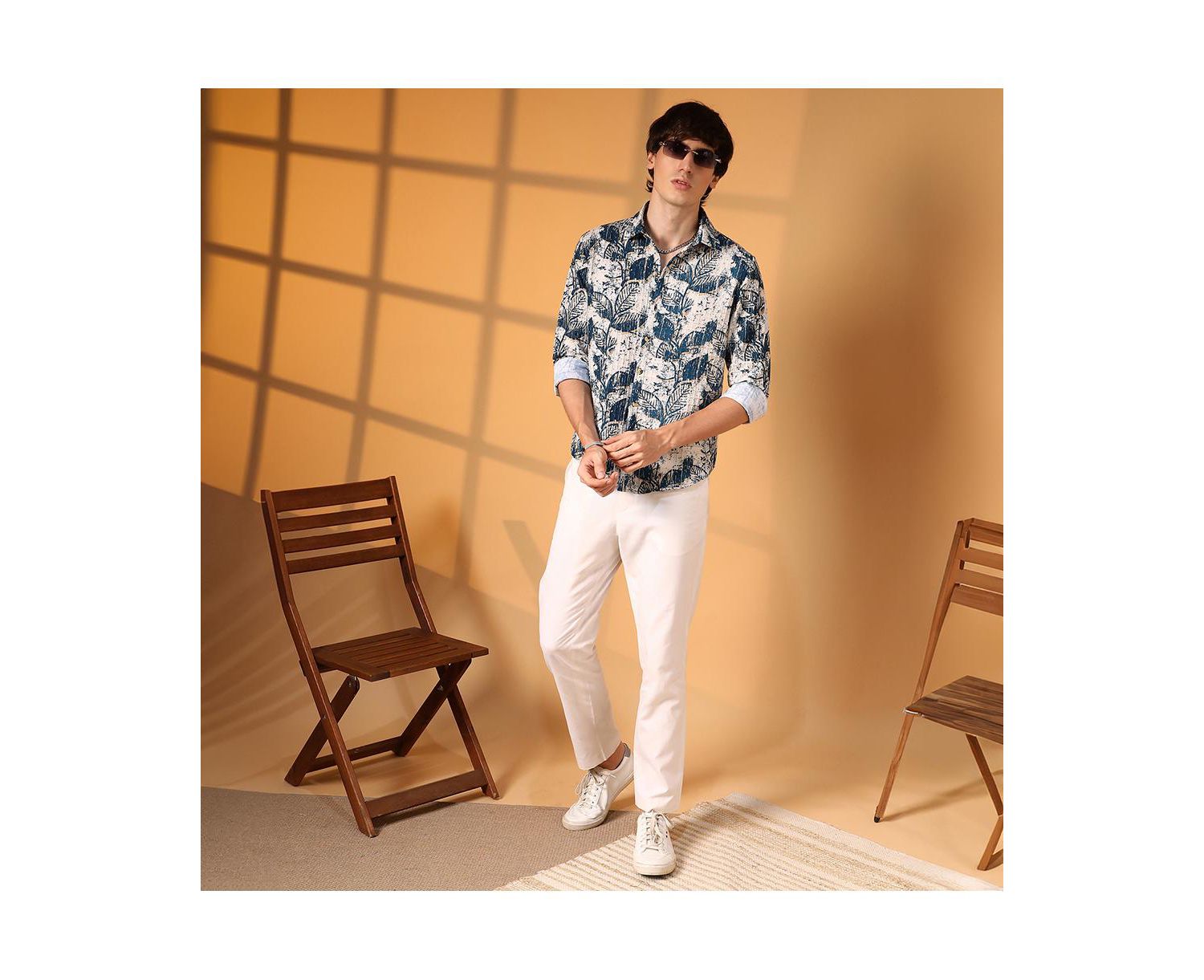 Men's Ivory White & Indigo Blue Foliage-Waffle Shirt