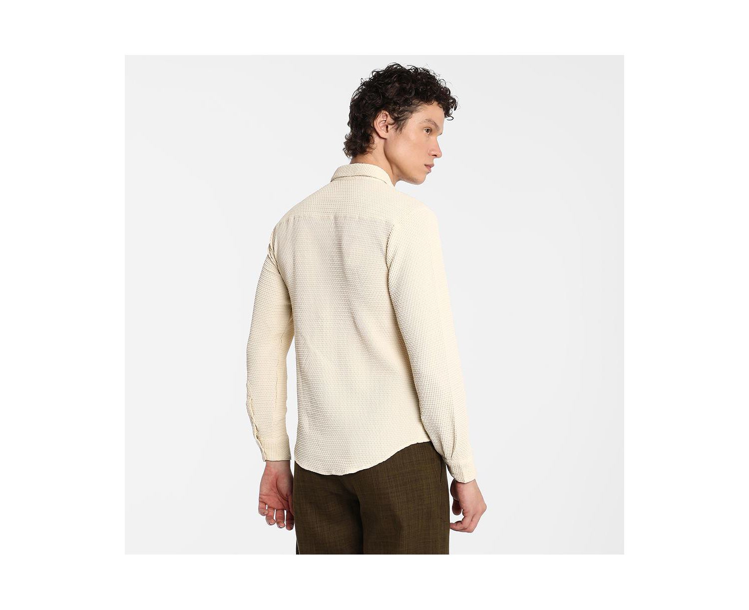 Men's Ivory White Weave-Textured Shirt