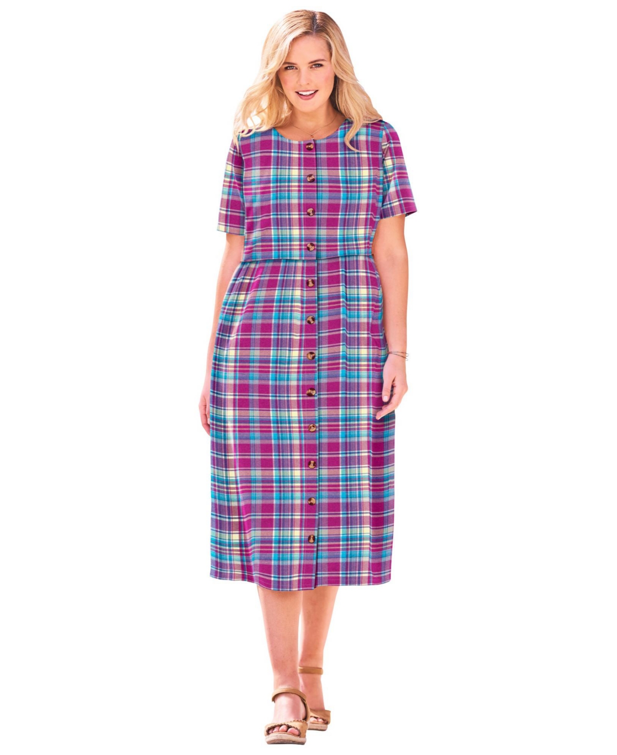 Plus Size Within Short-Sleeve Seersucker Dress - Raspberry pretty plaid