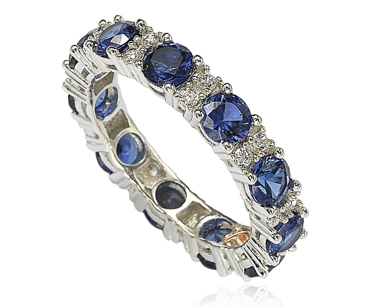 Suzy Levian Sterling Silver Sapphire & Created White Sapphire Round Cut Eternity Band Ring - Blue sapphire