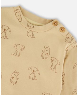 Baby Boy Cotton Pant and Top Set Beige Printed Dogs - Baby