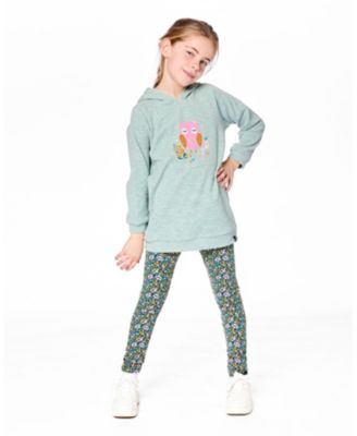 Girl Hooded Tunic Sage Green with Owl Print - Child