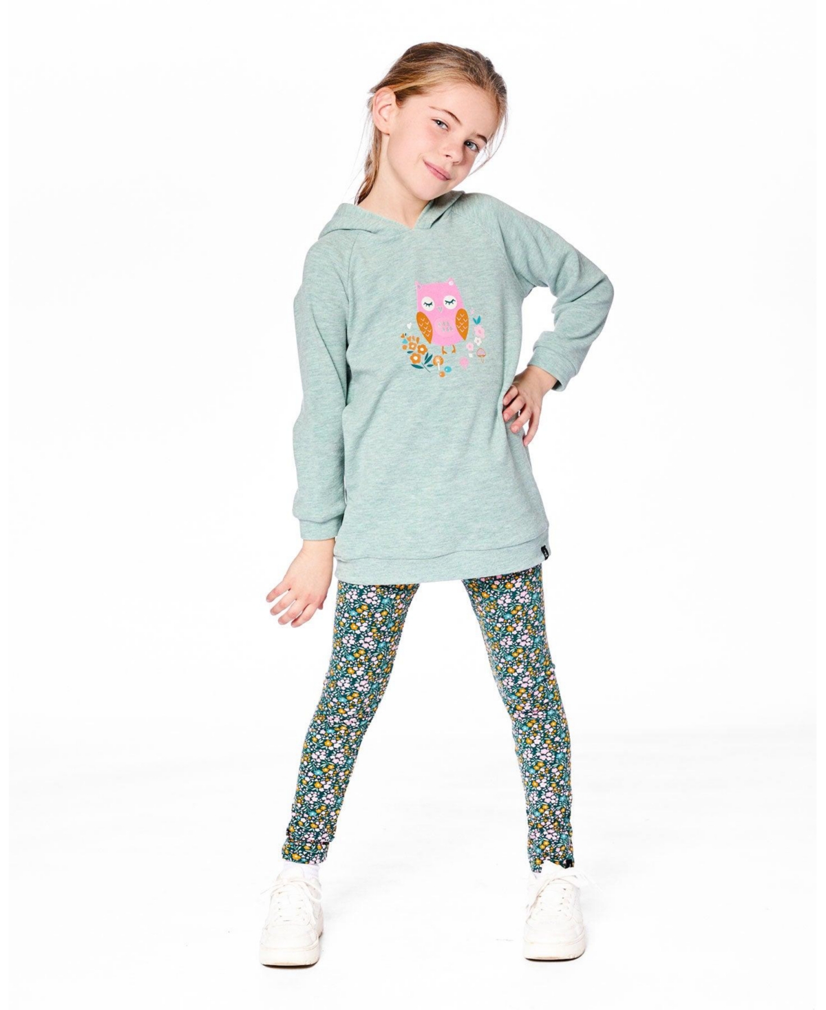 Deux par Girl Hooded Tunic Sage Green with Owl Print