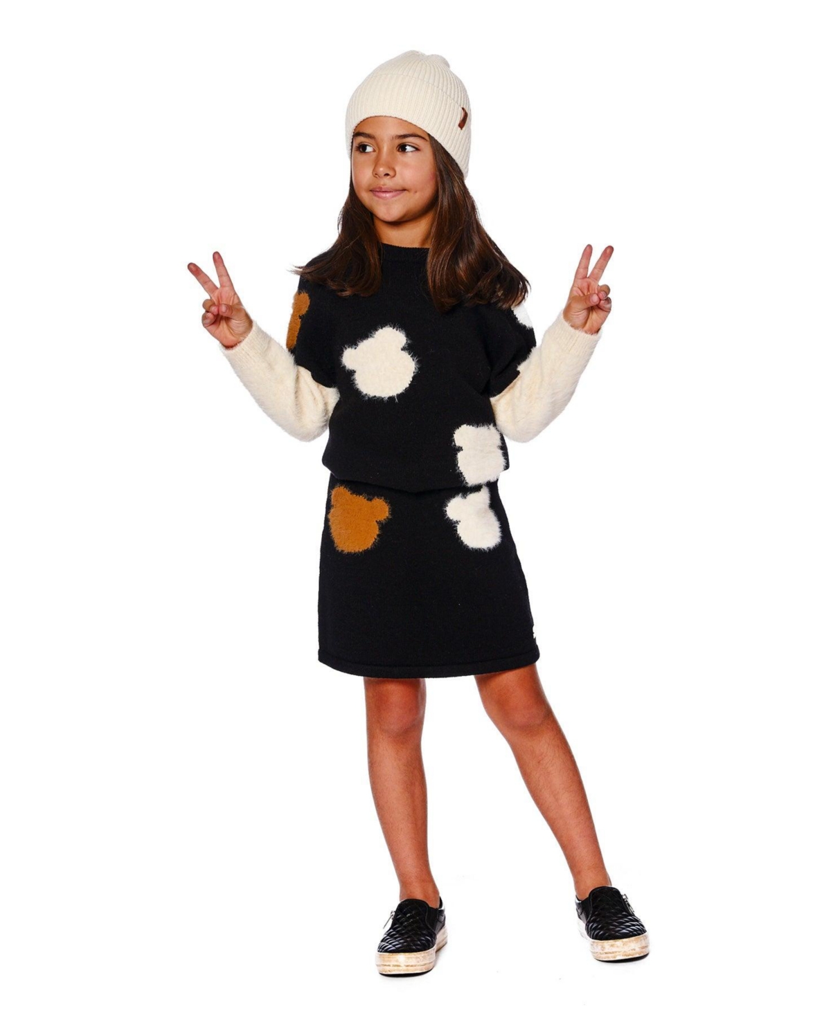 Deux par Girl Knitted Skirt Black with Bear Intarsia
