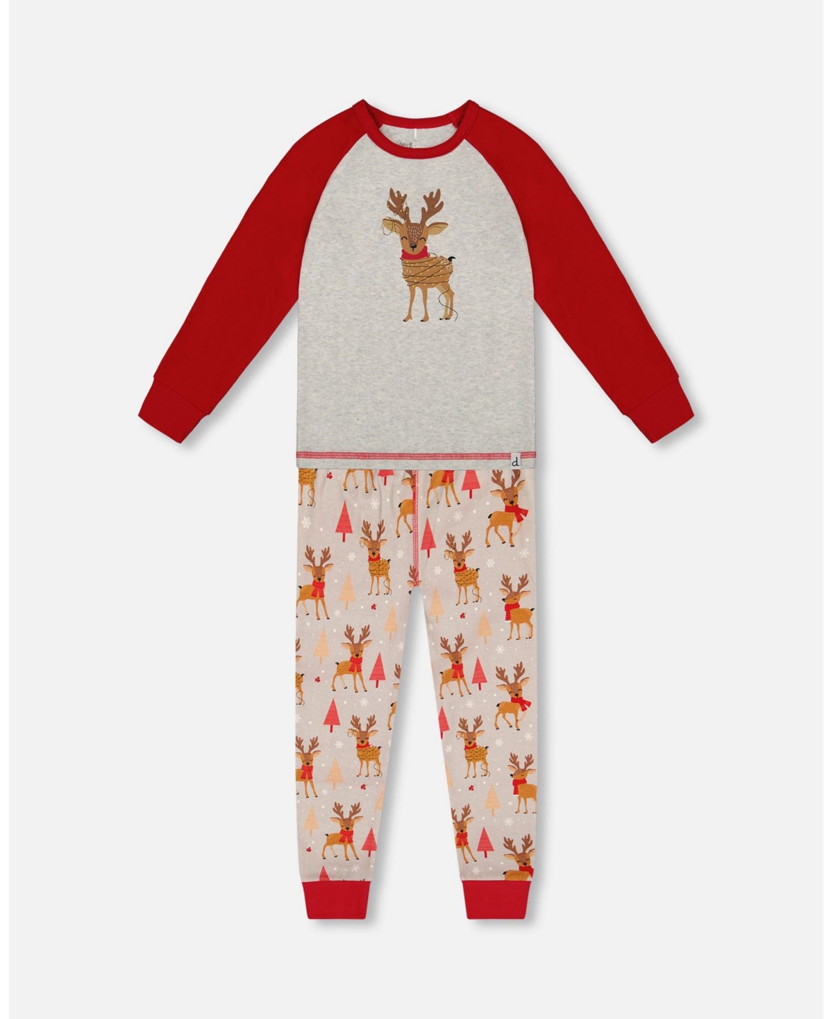 Deux par Boy Two-Piece Cotton Pajama Set Beige Reindeer Print