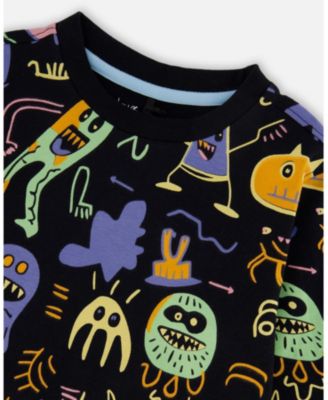 Toddler Boys Long Sleeve Cotton Allover Monsters Print Tee - Toddler|Child
