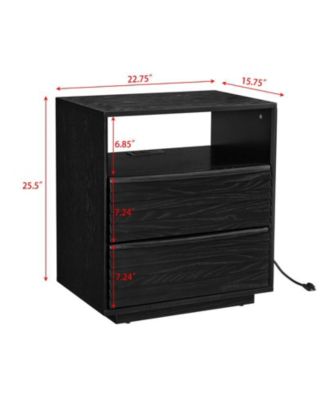 Nightstand with Charging Station & Outlet Hole & 2 Solid Wood Drawers