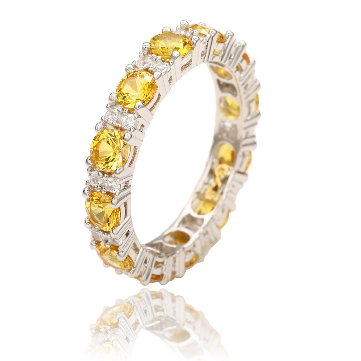 Suzy Levian Sterling Silver Sapphire & Created White Sapphire Round Cut Eternity Band Ring - Yellow sapphire