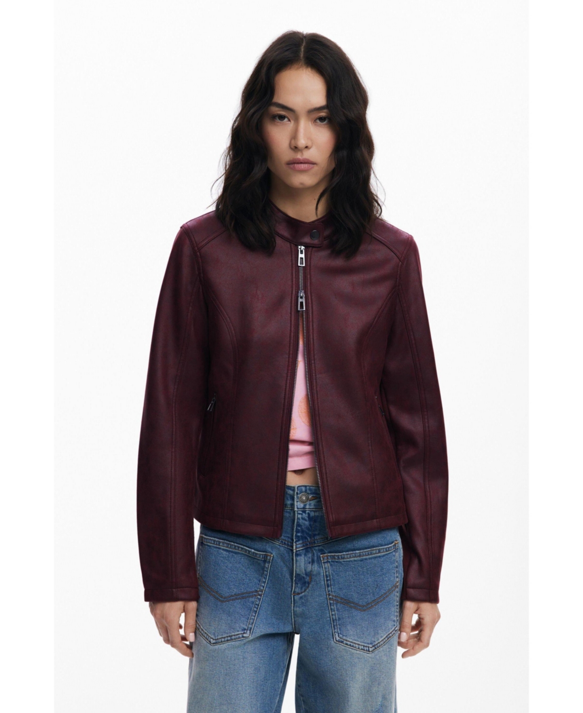 Desigual Faux Leather Jacket In Burgundy