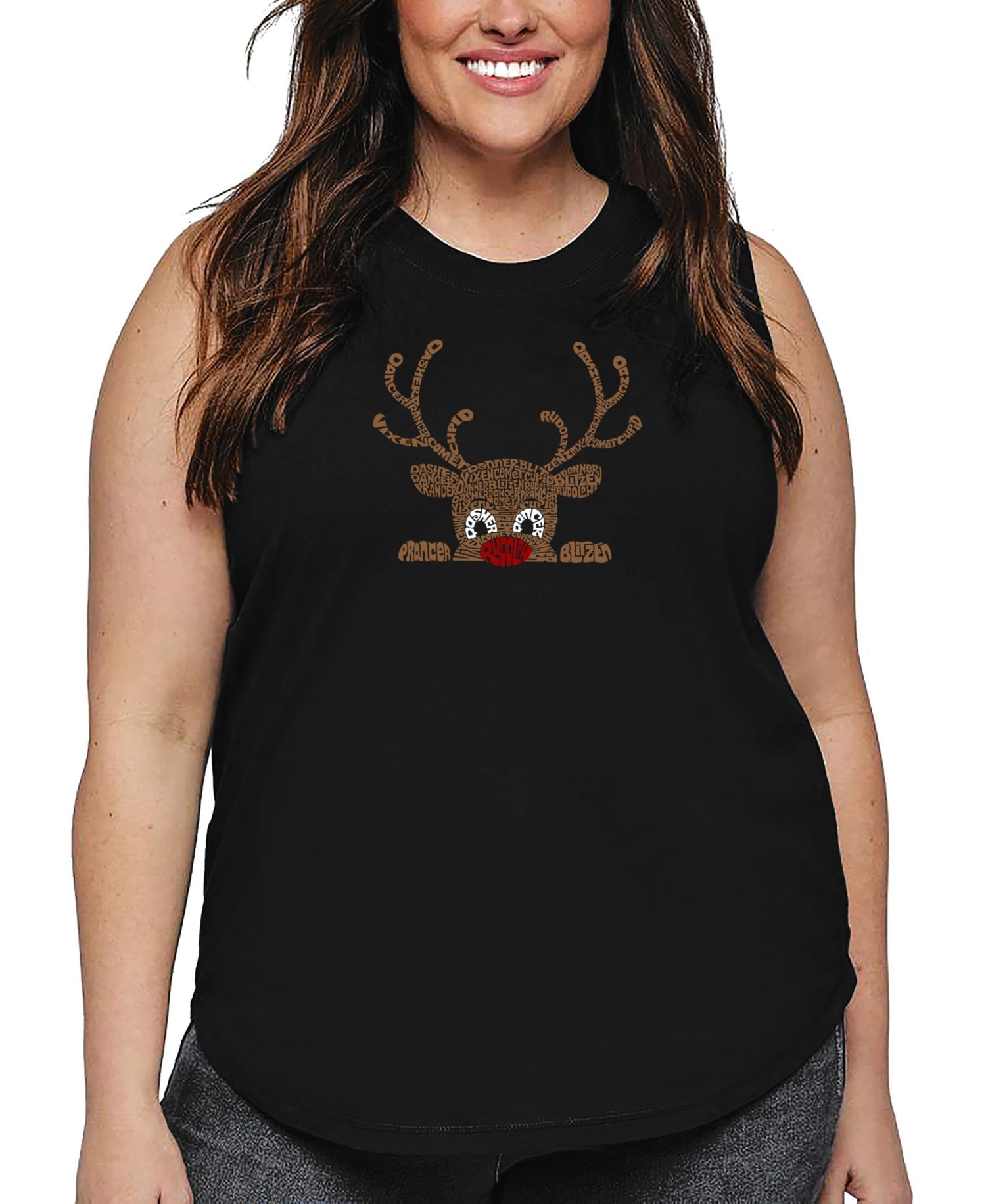 Plus Size Peeking Reindeer Word Art Tank Top
