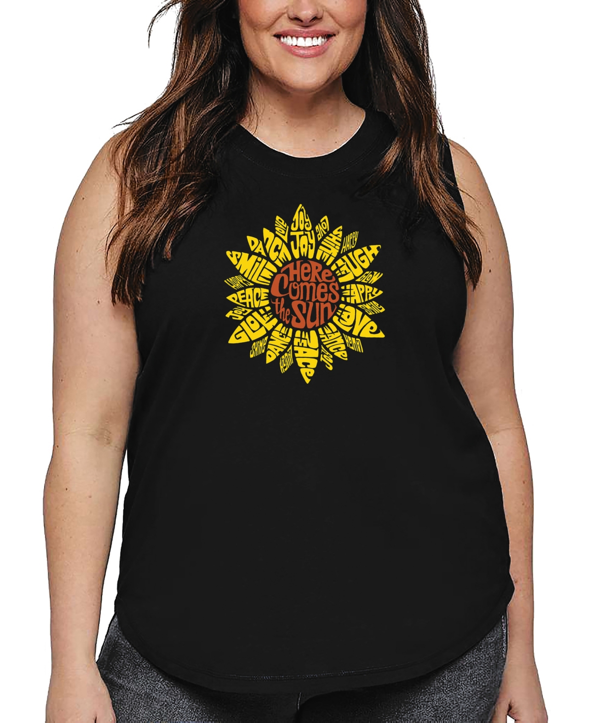 La Pop Art Plus Size Sunflower Word Art Tank Top In Black