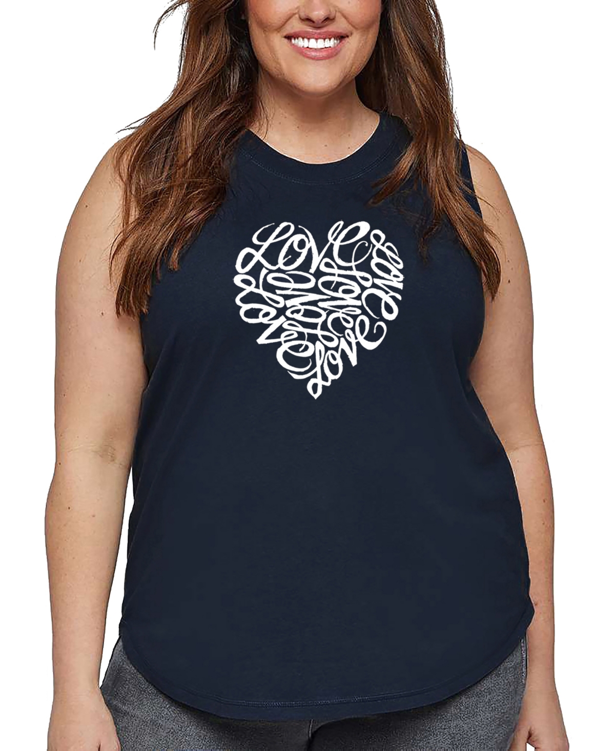 La Pop Art Plus Size Cursive Heart Word Art Tank Top In Blue