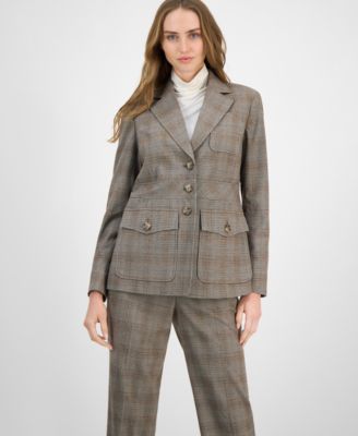 Women's Check-Print Peak-Lapel Three-Pocket Jacket & Plaid Mid-Rise Wide-Leg Pants Suit Separates