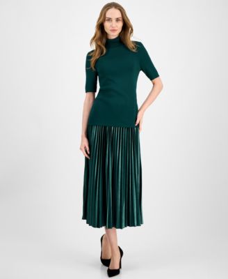 Anne Klein Womens Half Sleeve Turtleneck Sweater Pleated Flared Midi Skirt In Green