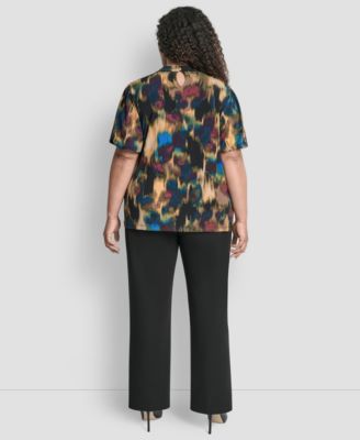 Plus Size Keyhole Twist Neck Balloon Sleeve Top