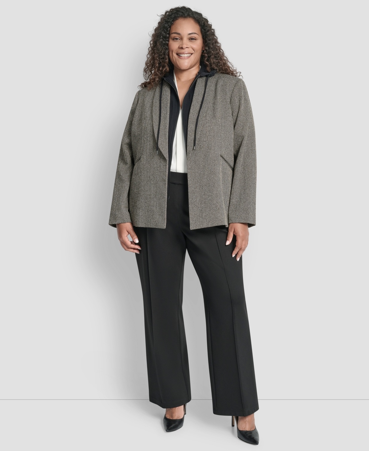 Dkny Plus Size Herringbone Blazer In Gray