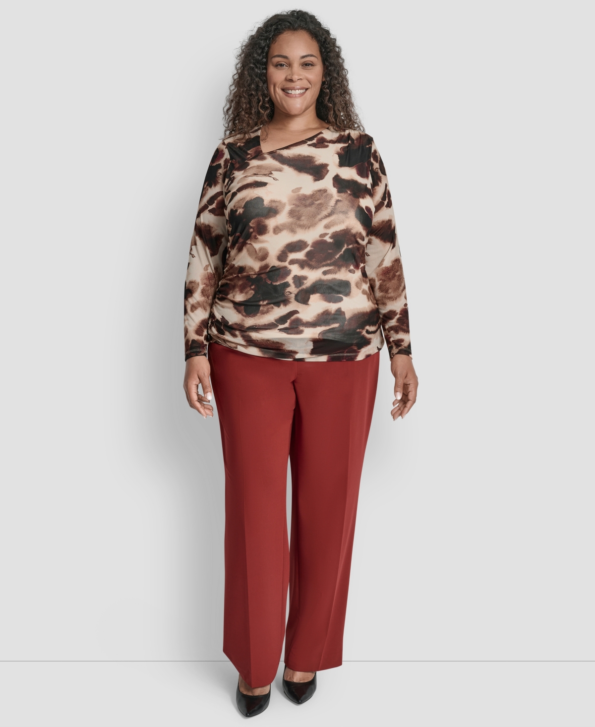 Dkny Plus Size Asymmetrical Neck Side Ruched Long Sleeve Top In Brown