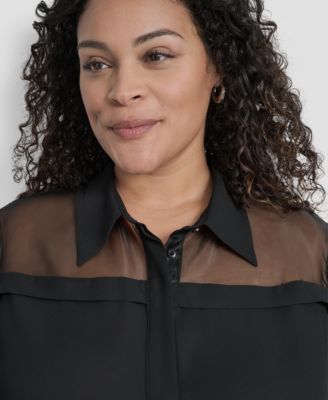 Plus Size Collared Mixed-Media Illusion Blouse