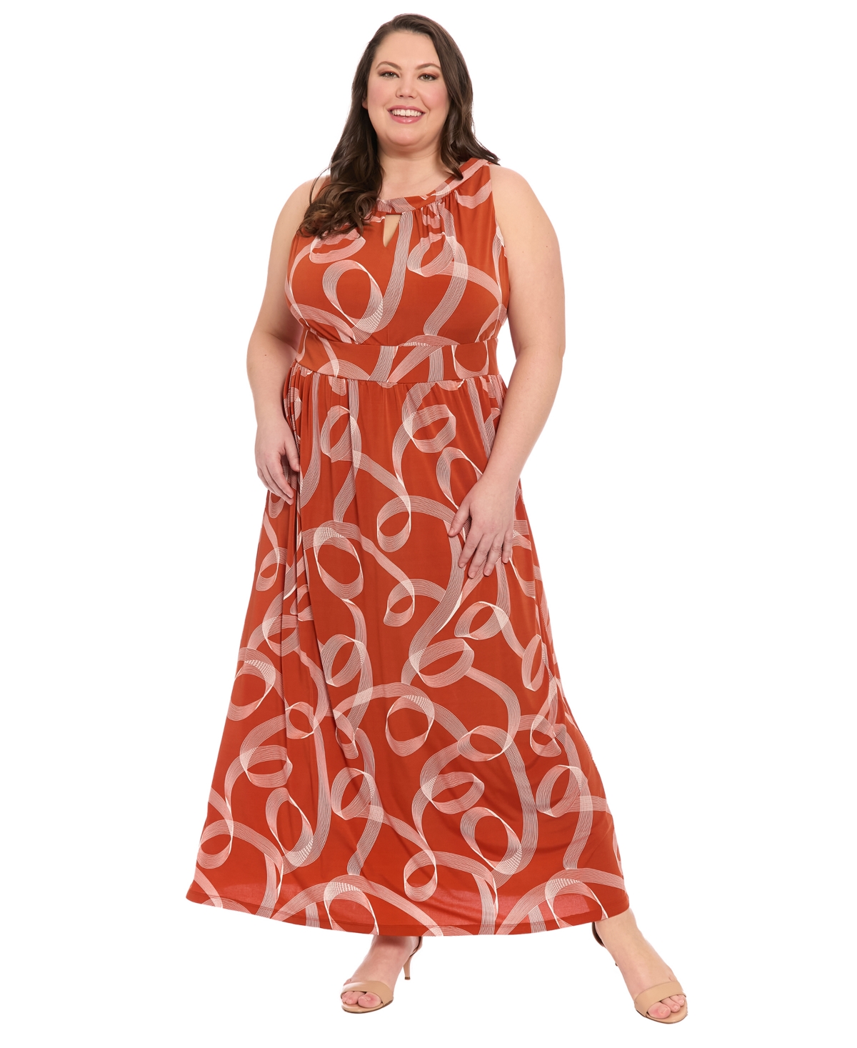 London Times Swirly Scroll Printed Jersey Dress In Burgundy