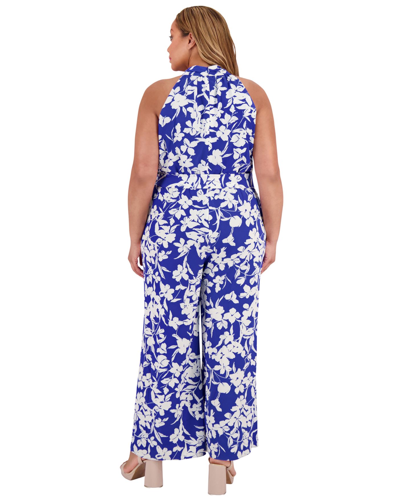 Женский комбинезон London Times Plus Size Crisscross Halter Belted Jumpsuit, цвет: Bluewht — фото 2