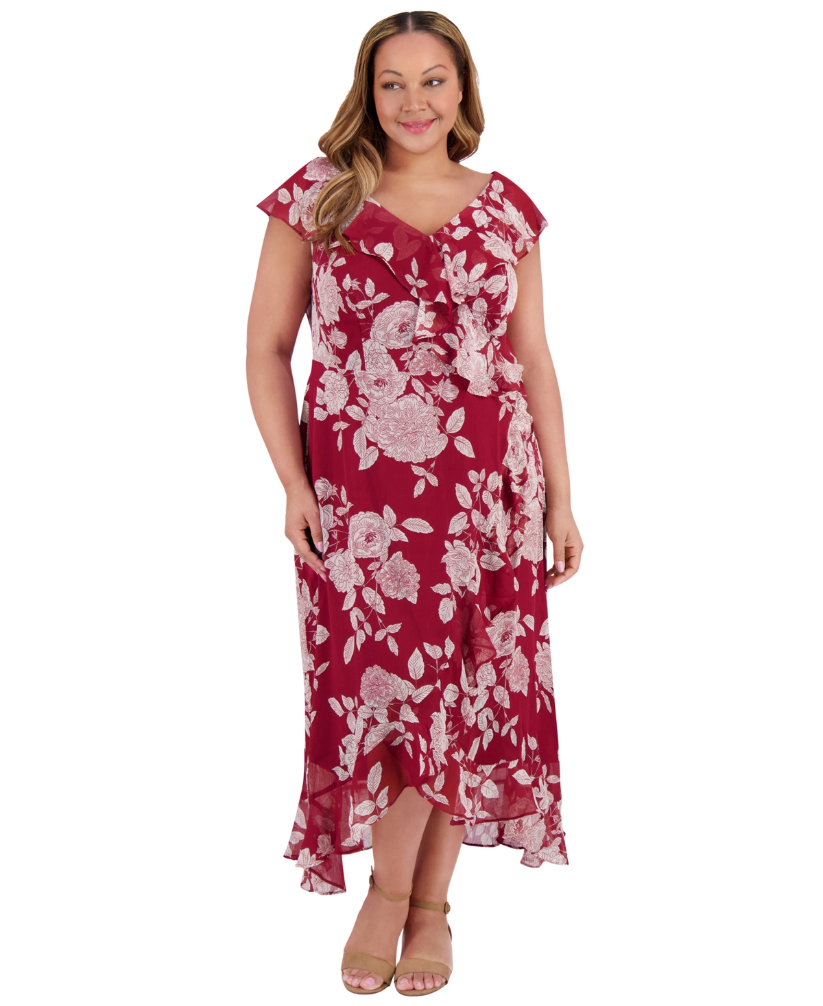 London Times Plus Size Ruffled Floral-print Faux-wrap Dress In Multi
