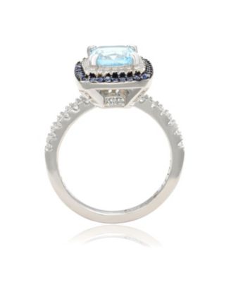 Suzy Levian Sterling Silver Cushion Cut Topaz and Sapphire Double Halo Ring