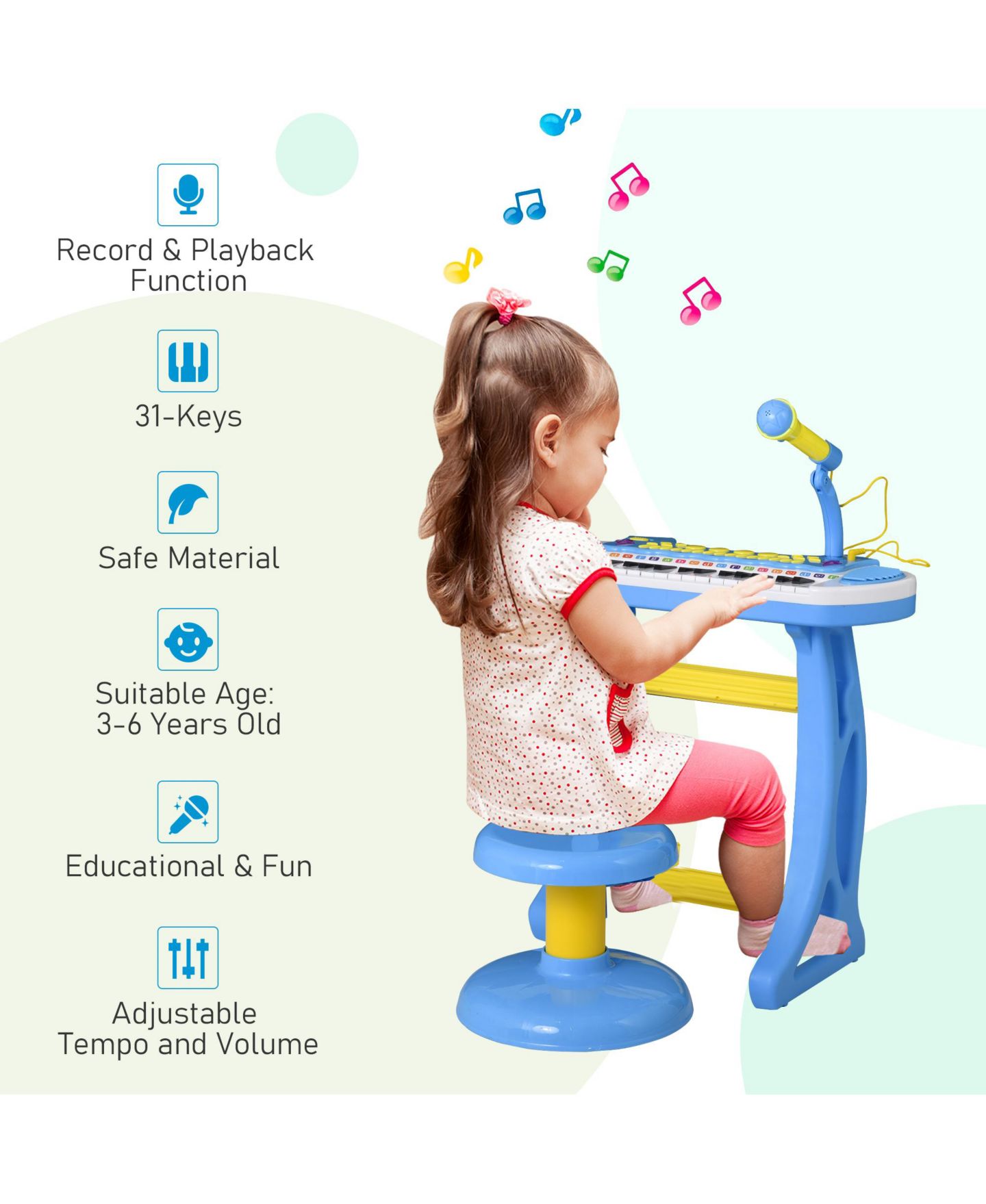 Детская игрушка Qaba Kids Toddler Toy Piano Keyboard w/ Sitting Stool and Working Microphone — фото 6
