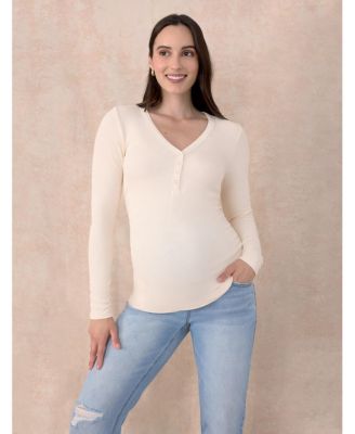 Women's V-Neck Side-Ruched Long Sleeve Henley Tee - Motherhood Maternity