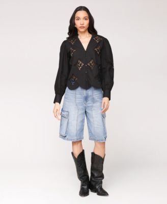 Women's Puff Sleeve Cropped Lace Scallop Button Up Blouse