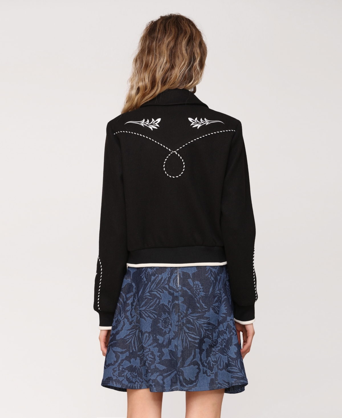 Avec Les Filles Embroidered Faux Suede Western Bomber Jacket In Black