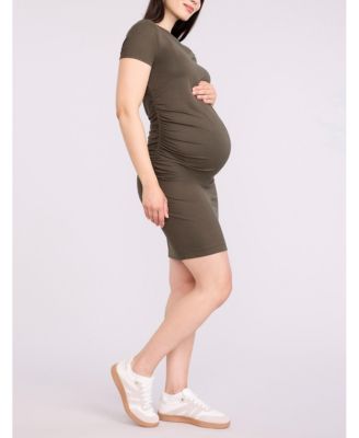 Women's Crewneck Short Sleeve Side Ruched Bodycon Mini Dress - Motherhood Maternity