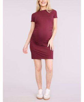 Women's Crewneck Short Sleeve Side Ruched Bodycon Mini Dress - Motherhood Maternity