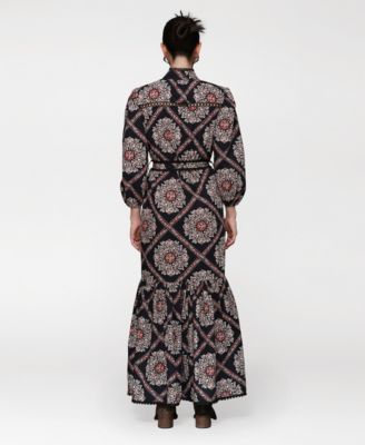 Women's Belted Puff-Shoulder Maxi Dress