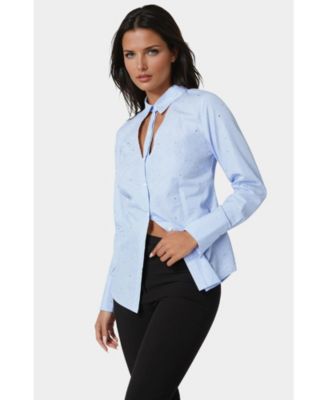 Women's Cut Out Rhinestone Poplin Blouse