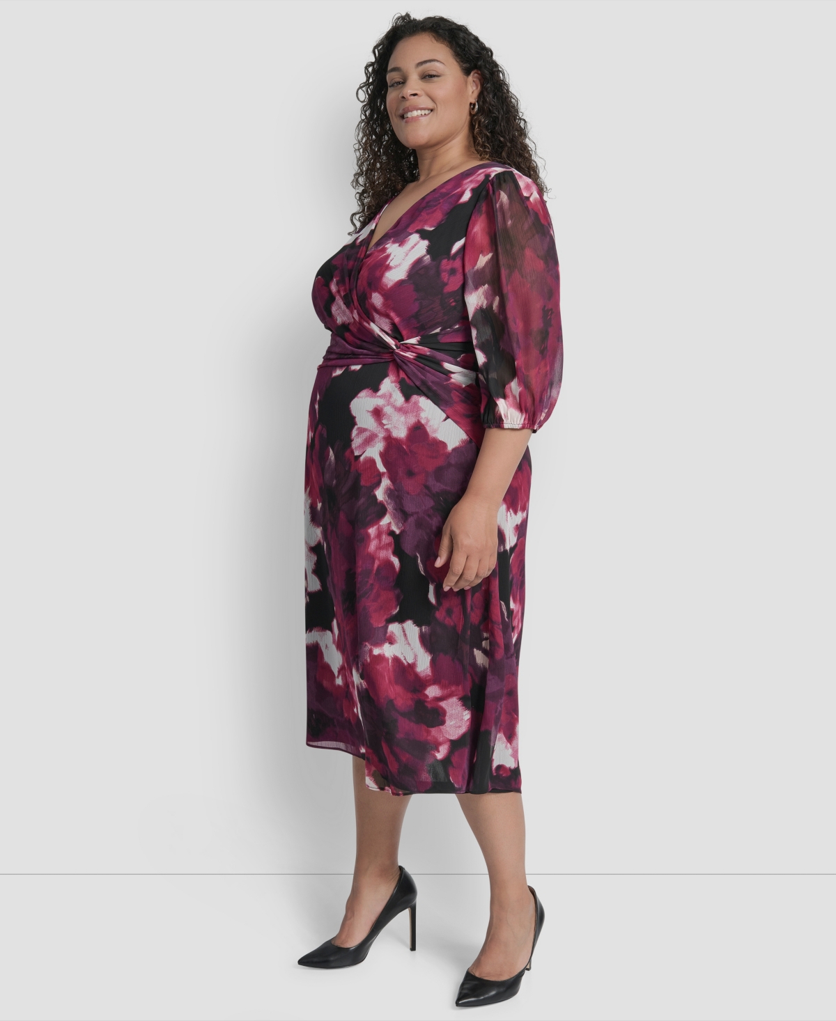 Dkny Plus Size Bubble Sleeve Surplice Neck Front Knot Midi Dress In Purple
