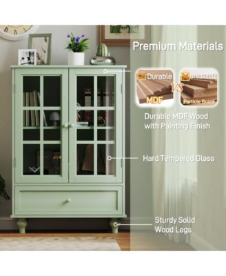 Storage Cabinet with Double Glass Doors and Drawer
