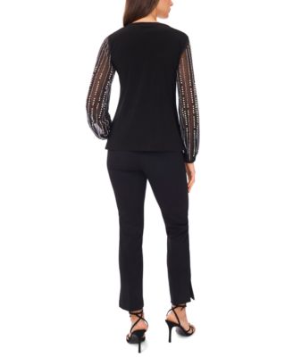 Women's V-Neck Beaded Long Sleeve Top