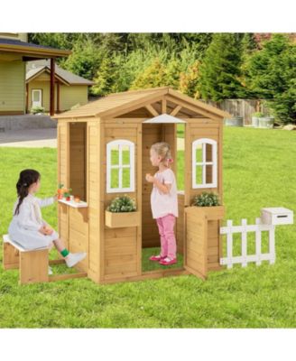Wood Playhouse with Bench and Serving Stations for 2+ Years Old Kids