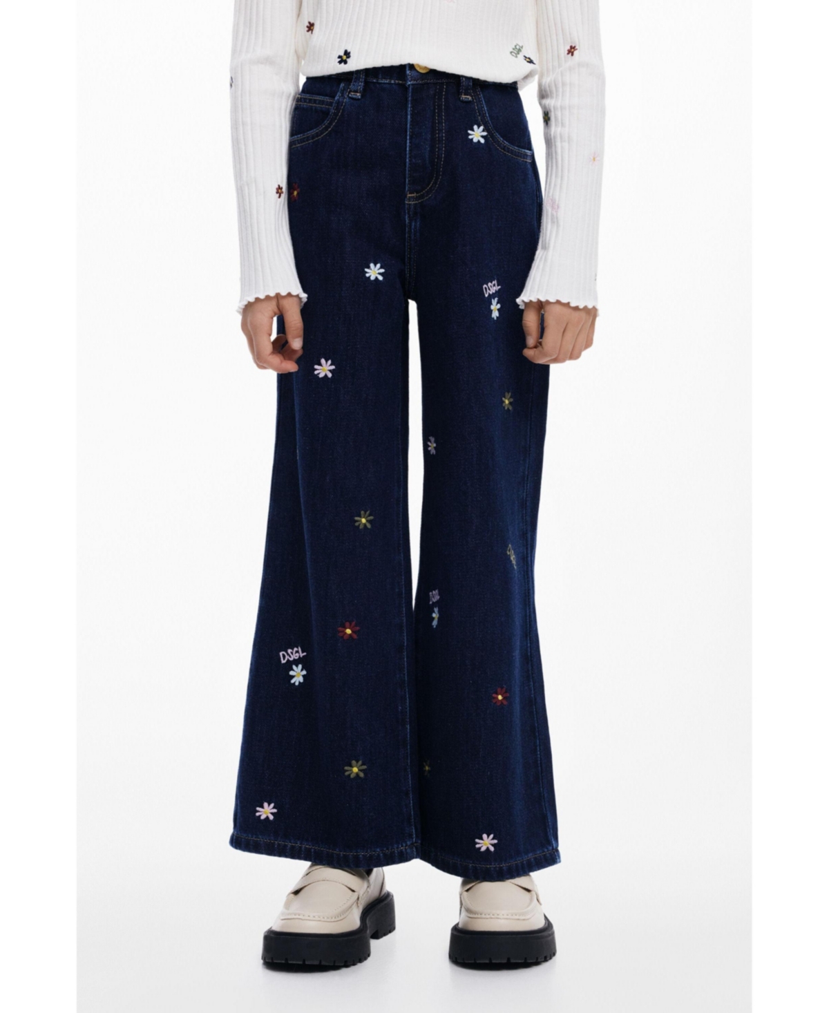 Desigual Girls's Embroidered Cropped Wide Jeans In Black