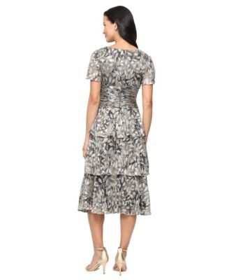 Women's&nbsp;Tea Length Printed Lurex Midi Dress