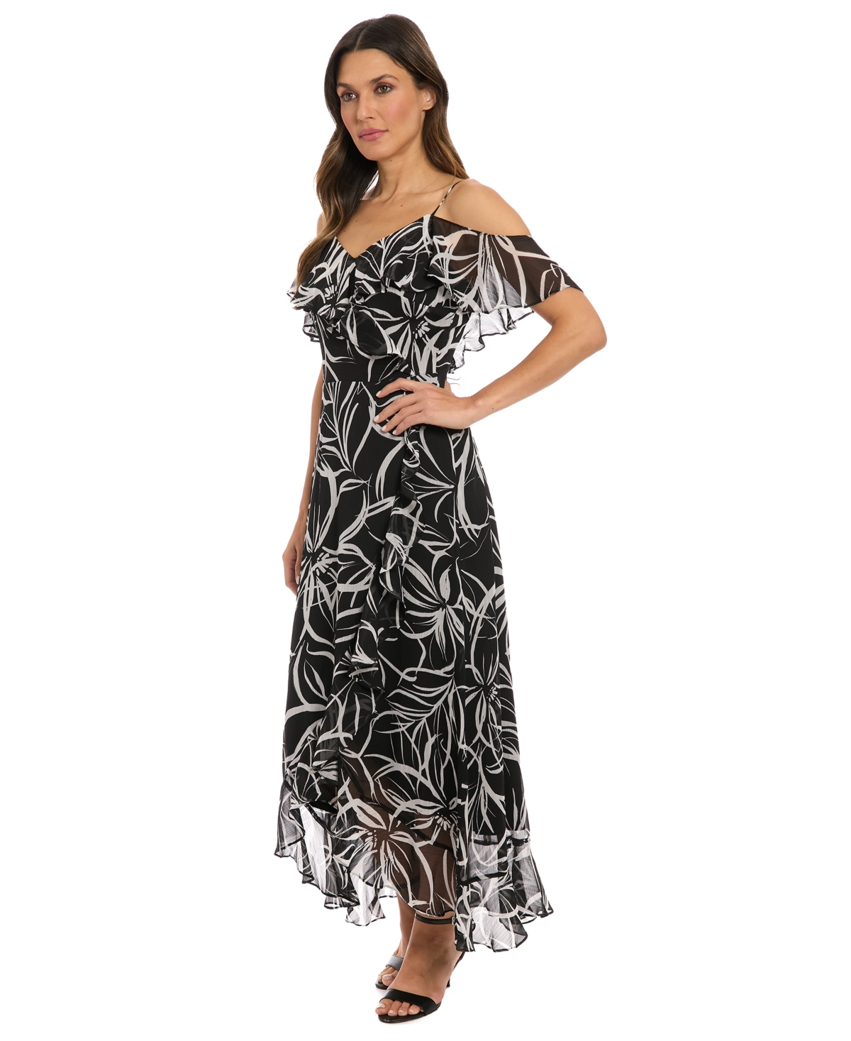 London Times Petite Printed Cold-shoulder Maxi Dress In Black