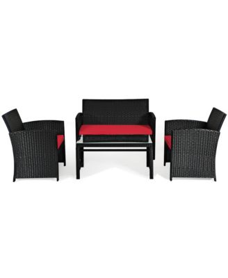 4PCS Rattan Outdoor Conversation Set Patio Furniture Set w/ Red Cushions