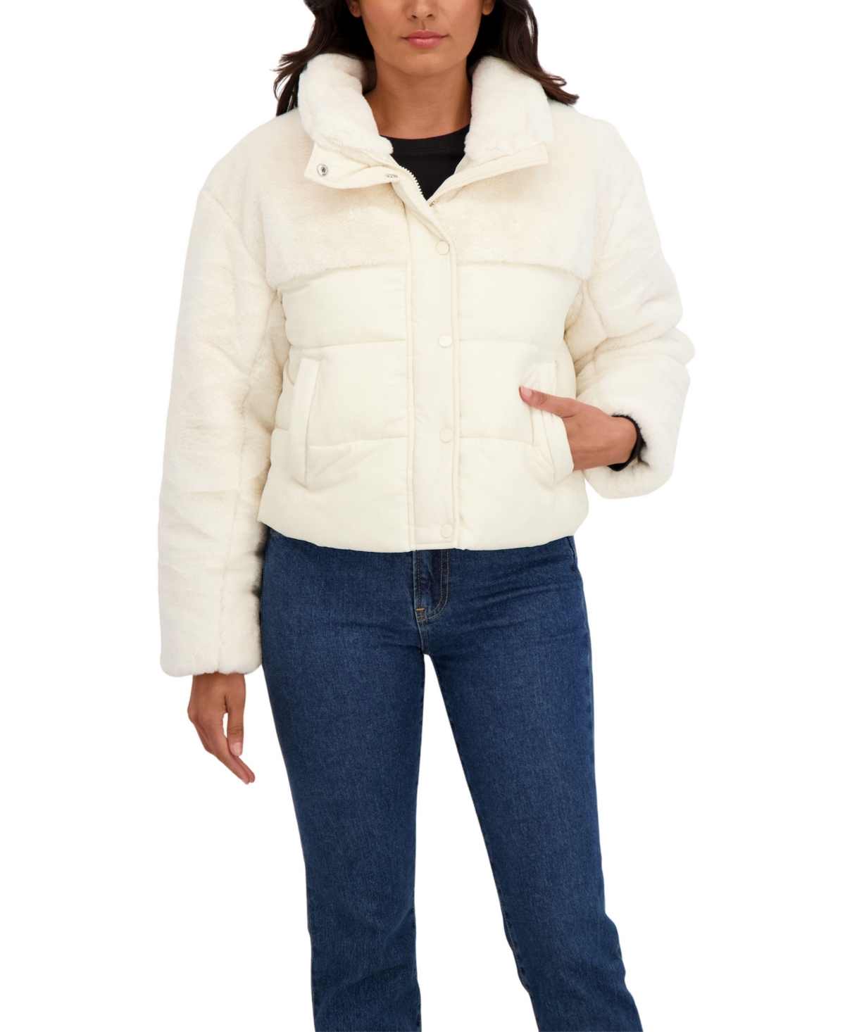 Sebby Collection Women's Short Mix Media Puffer Jacket