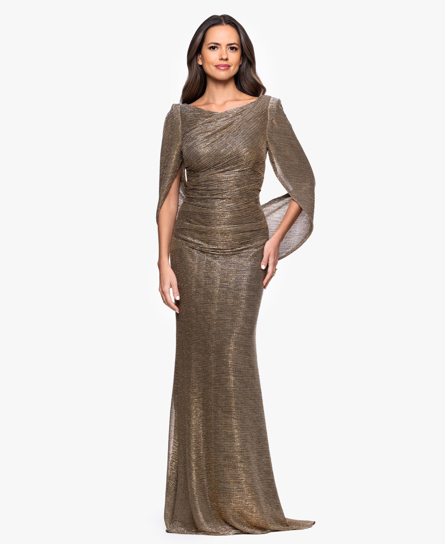 Женское платье Betsy & Adam Long Metallic Crinkle Drape Back Boat Neck, цвет: Мокко золотой — фото 1