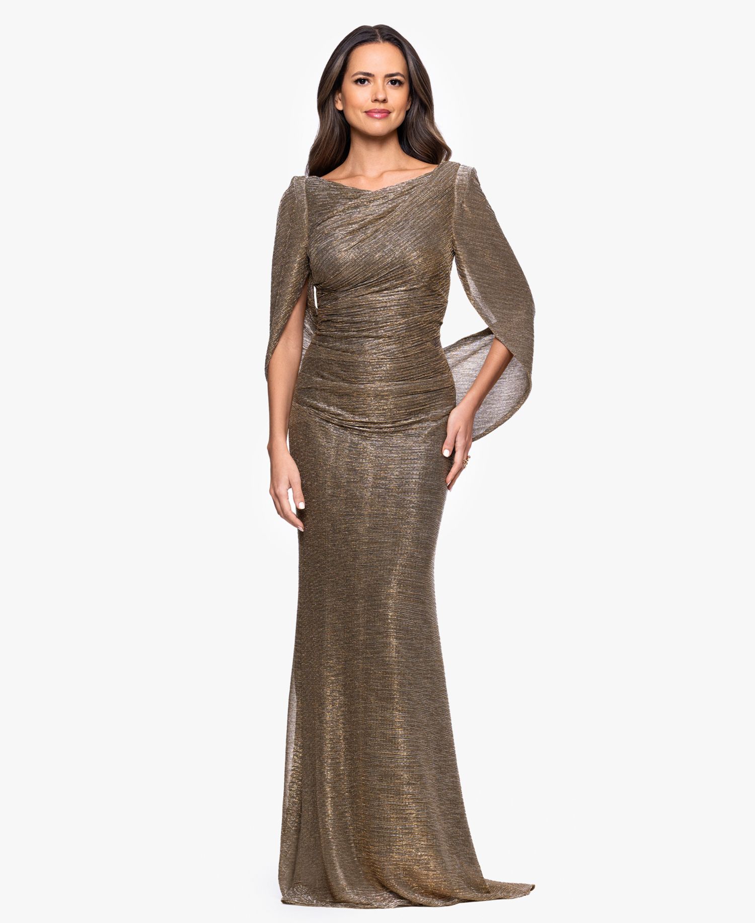 Women's Long Metallic Crinkle Drape Back Boat Neck Dress