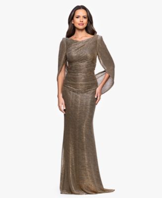 Betsy & Adam Women's Long Metallic Crinkle Drape Back Boat Neck Dress - Mocha/Gold - 8