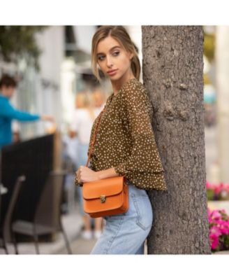 Light Brown Leather Crossbody Bag Caramel Small Structured Purse with Vintage Clasp for Women