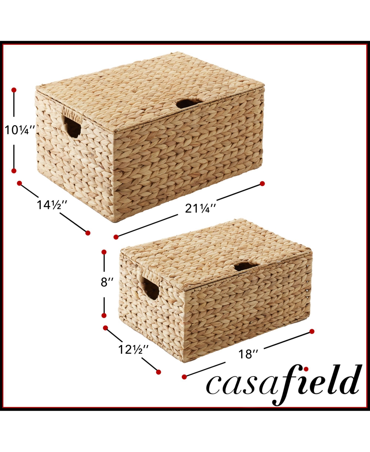 Casafield Set of 2 Water Hyacinth Storage Baskets (Medium/Large), Multipurpose Organizer Rectangular Totes with Removable Lids - Natural