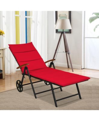 Folding Patio Rattan Lounge Chair Chaise Aluminum W/ Wheel & Red Cushion